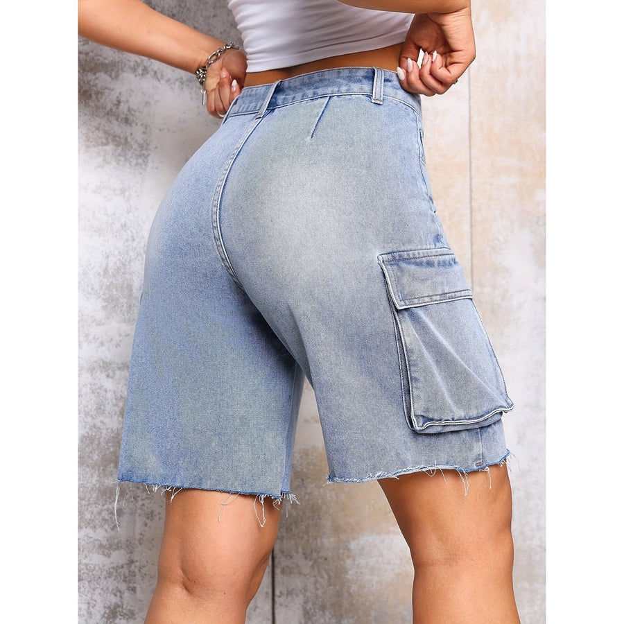 Raw Cut Hem Side Flap Pocket Loose Fit Zipper Button Closure Loose Fit Cargo Womens Denim Shorts Jorts Image 1