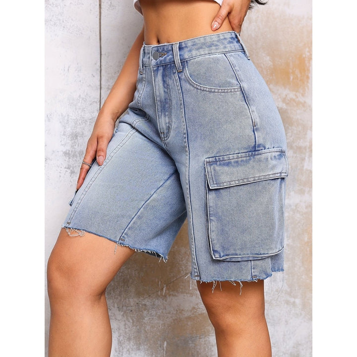 Raw Cut Hem Side Flap Pocket Loose Fit Zipper Button Closure Loose Fit Cargo Womens Denim Shorts Jorts Image 4