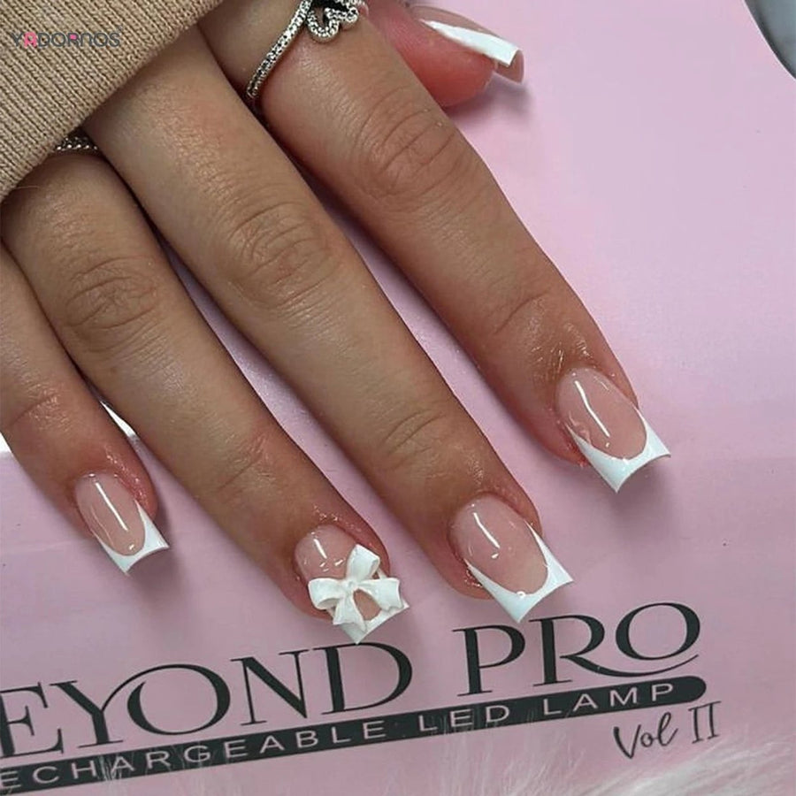 White French Press on Nails 3D Bowknot Fake Nails Tips Full Cover Wearable False Nails for Women and Girls DIY Manicure Image 1