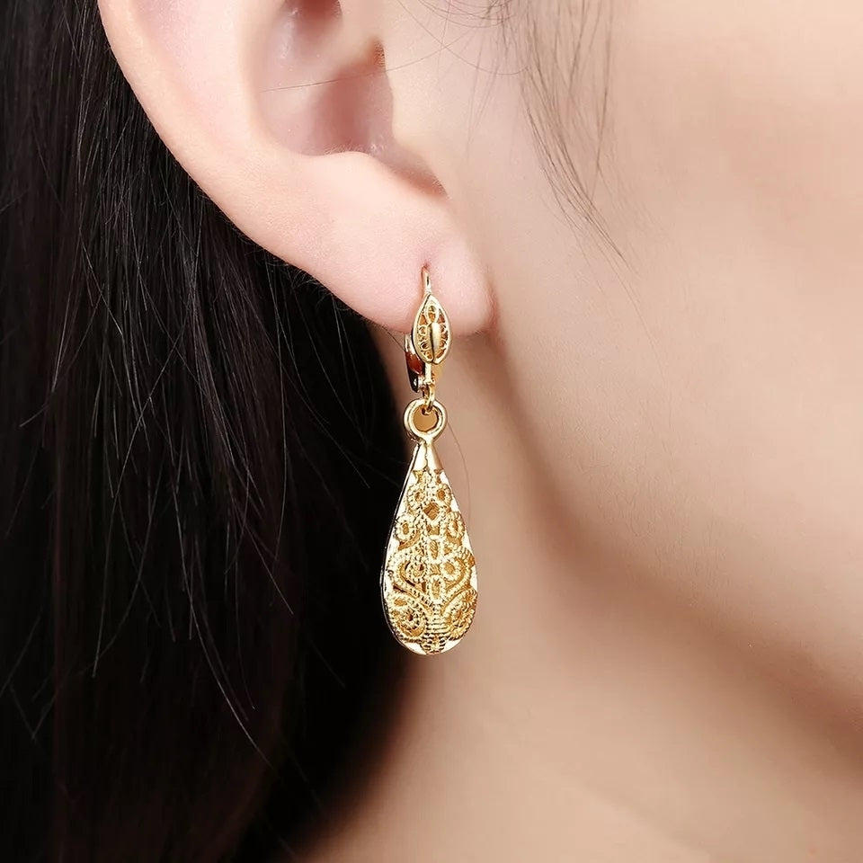 18K Gold Plated Filigree Teardrop Leverback Drop Dangle Earrings Image 6