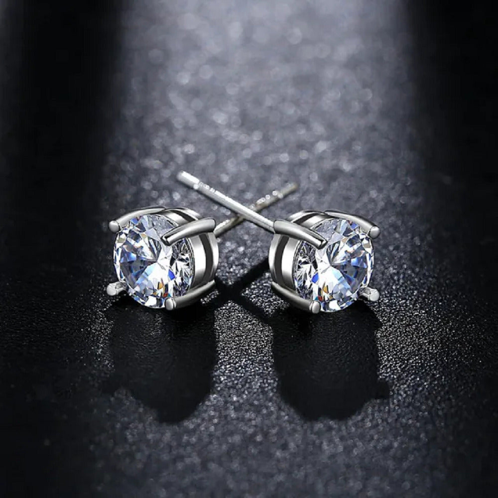 Stud Earrings Round Cubic Zirconia Pushback Post 925 Sterling Silver CZ  6mm Image 2