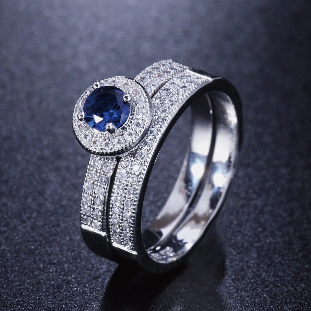 Blue Cubic Zirconia Engagement Wedding Band Ring Image 2