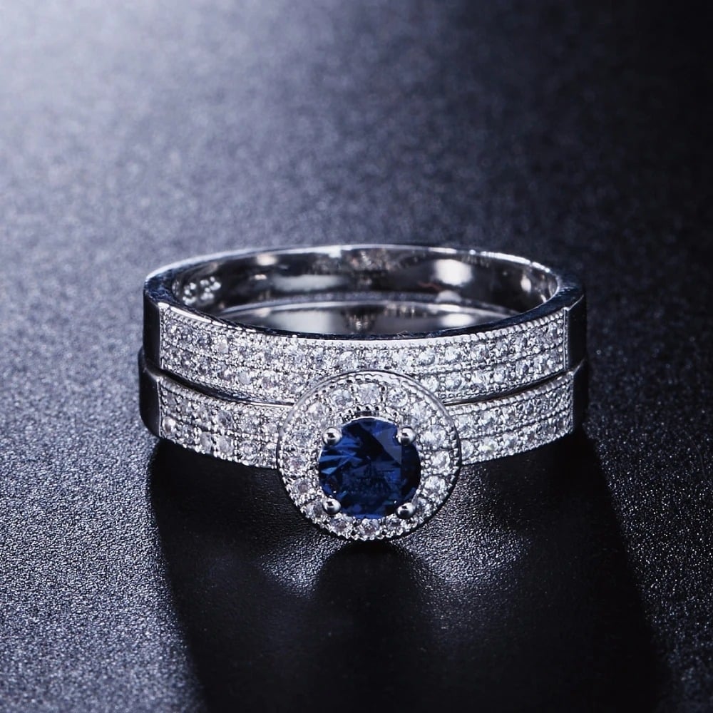 Blue Cubic Zirconia Engagement Wedding Band Ring Image 3