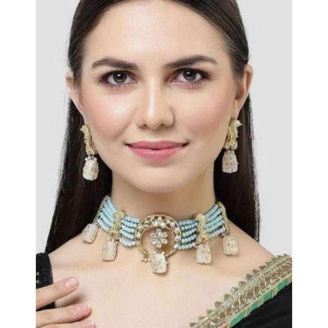 Karatcart White Designer Tumble Light Blue Crystal Beaded Kundan Choker Necklace Set Image 1