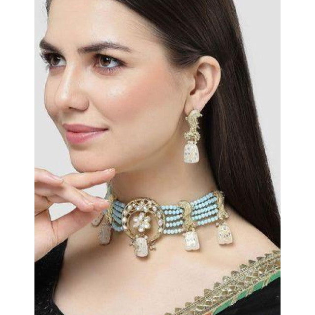 Karatcart White Designer Tumble Light Blue Crystal Beaded Kundan Choker Necklace Set Image 2