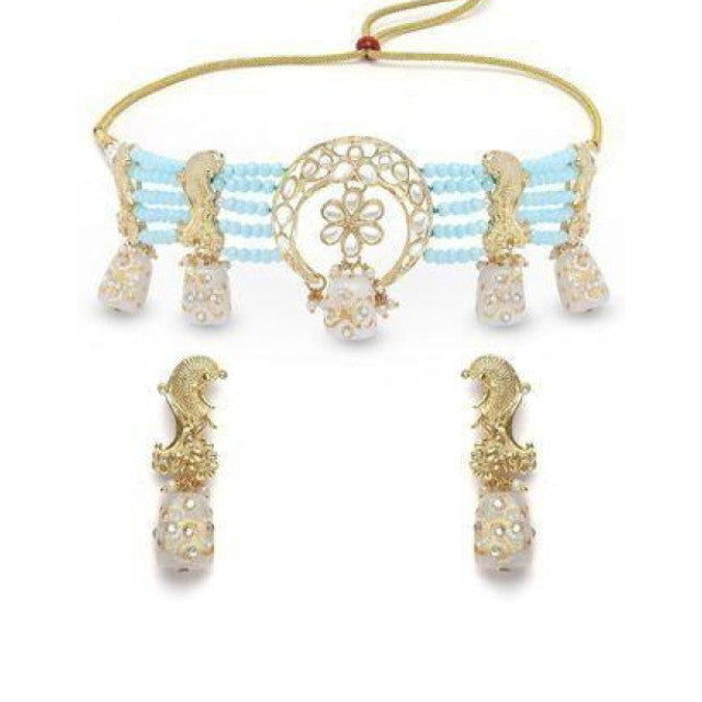 Karatcart White Designer Tumble Light Blue Crystal Beaded Kundan Choker Necklace Set Image 4