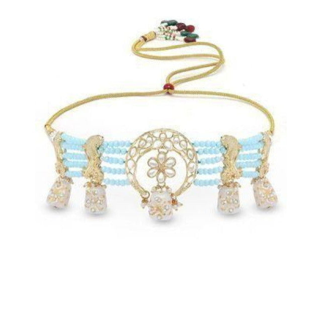 Karatcart White Designer Tumble Light Blue Crystal Beaded Kundan Choker Necklace Set Image 4