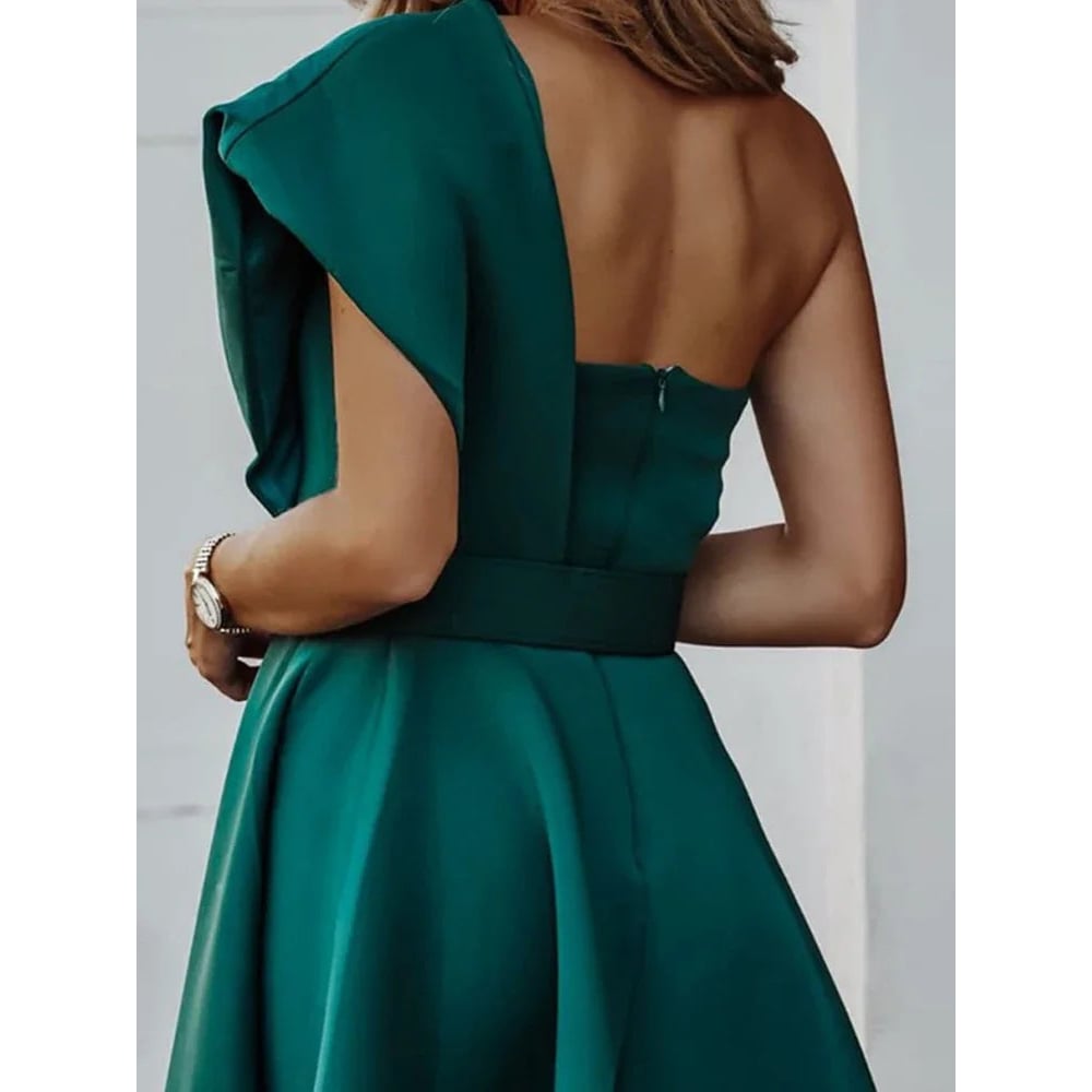 Women One Shoulder Backless Party Evening Mini Dress Fashion Solid A Line Pleated Dress Lady Elegant Slim Sleeveless Image 2