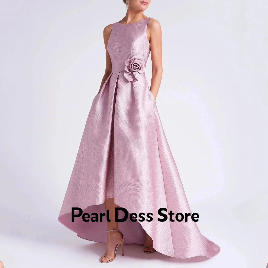 2024 Womens Satin Flower Party Dress Elegant Evening Dress High and Low Jewel Formal Birthday Dress Image 1