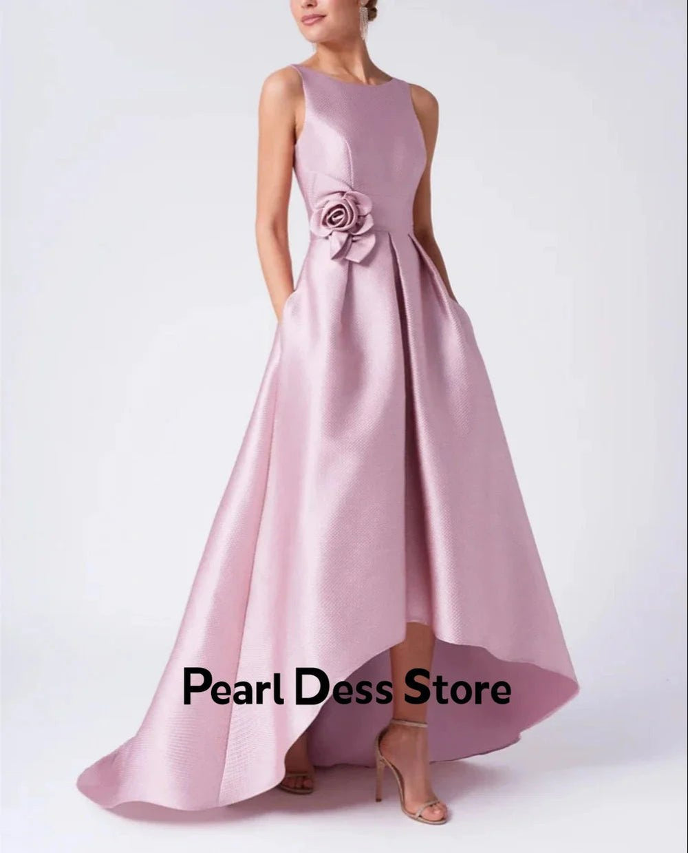 2024 Womens Satin Flower Party Dress Elegant Evening Dress High and Low Jewel Formal Birthday Dress Image 2