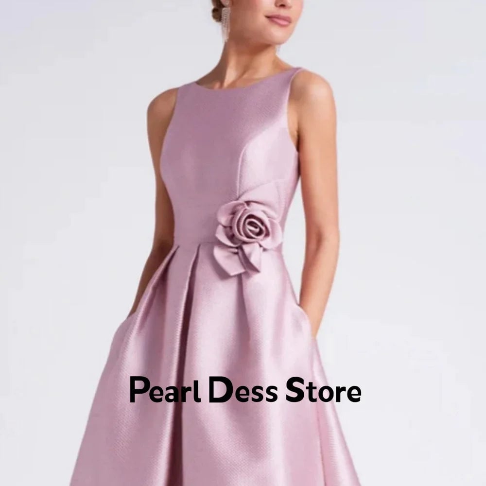 2024 Womens Satin Flower Party Dress Elegant Evening Dress High and Low Jewel Formal Birthday Dress Image 3