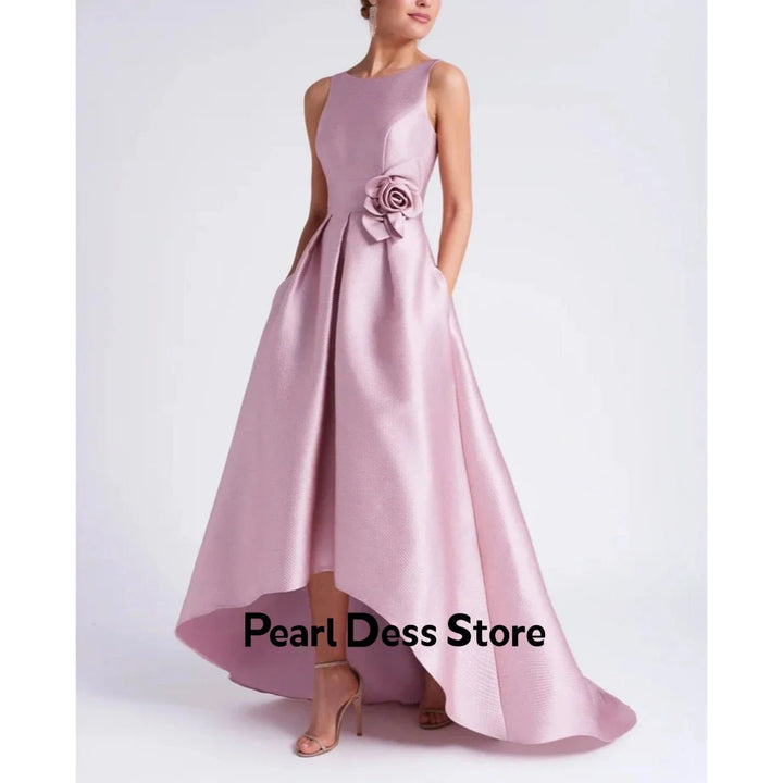 2024 Womens Satin Flower Party Dress Elegant Evening Dress High and Low Jewel Formal Birthday Dress Image 4