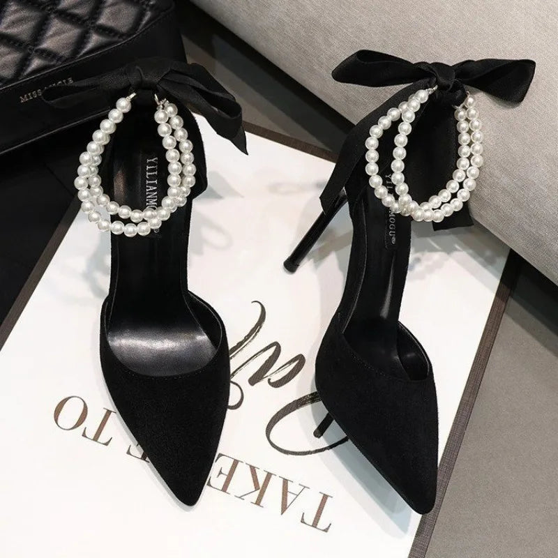 Black Womens Pumps 2024 Summer Brand Design String Bead Pearls Wedding Bridal High Heels Sexy Pointed Toe Party Dance Image 2