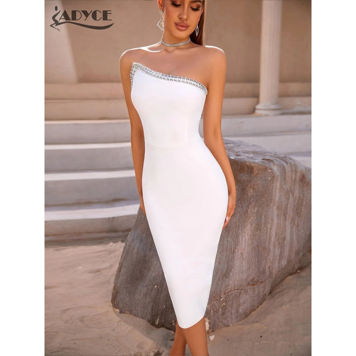 Adyce 2024 Summer One Shoulder Bodycon Bandage Dress For Women Sexy Sleeveless Diamonds Midi Evening Runway Party Female Image 4