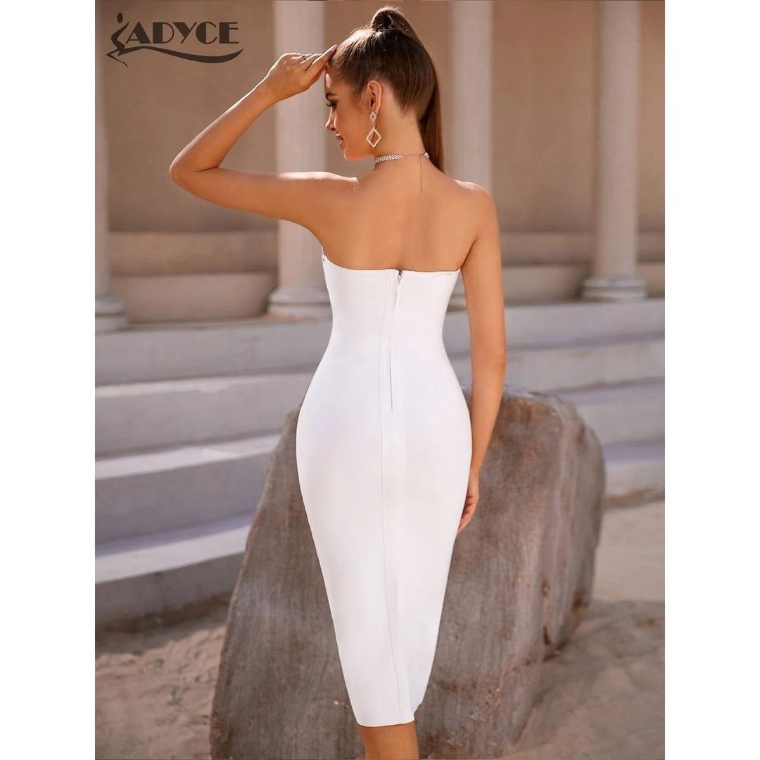 Adyce 2024 Summer One Shoulder Bodycon Bandage Dress For Women Sexy Sleeveless Diamonds Midi Evening Runway Party Female Image 6