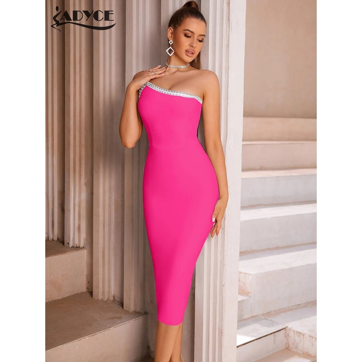 Adyce 2024 Summer One Shoulder Bodycon Bandage Dress For Women Sexy Sleeveless Diamonds Midi Evening Runway Party Female Image 9