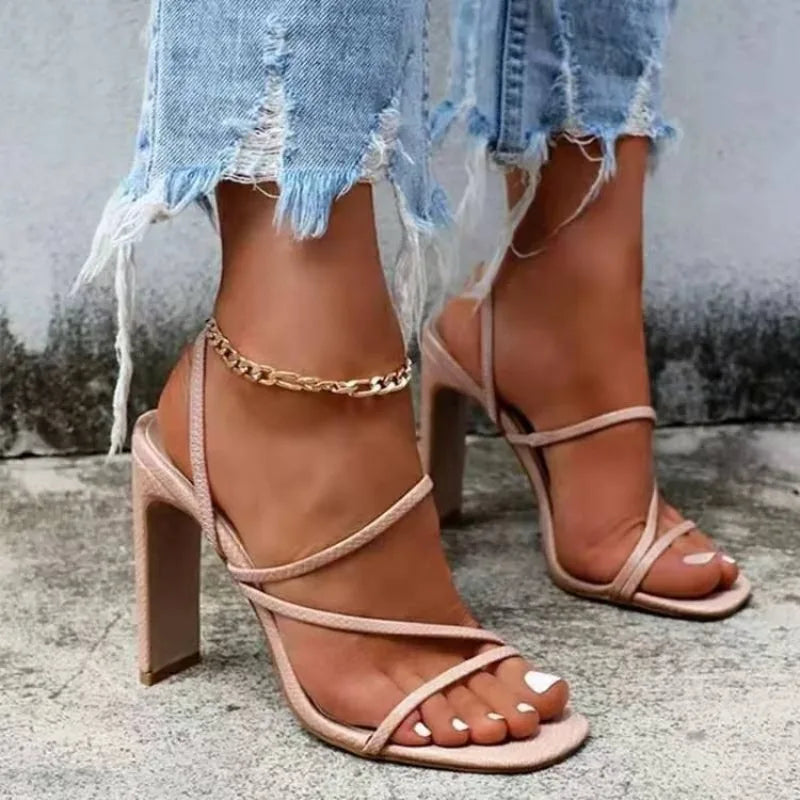 European American Trendy Thick Heel Sandals for Womens 2024 Summer High Heel Design with Fine Strap Sandals Zapatos Image 2