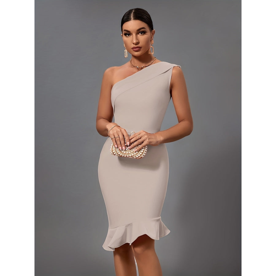 Solid Color One Shoulder Cocktail Dress Elegant Sleeveless Ruffle Hem Bodycon Dress For Party and Banquet Womens Image 1