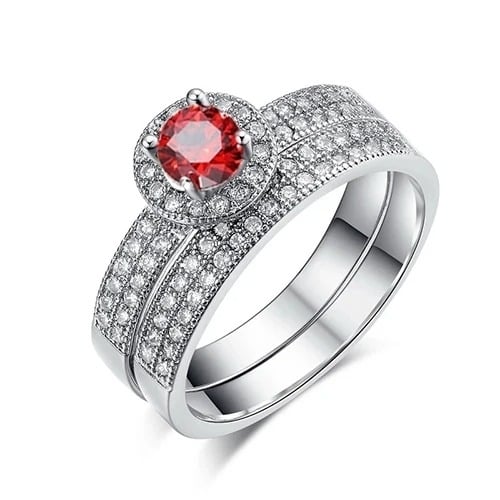 Red Cubic Zirconia Engagement Wedding Band Ring Image 1