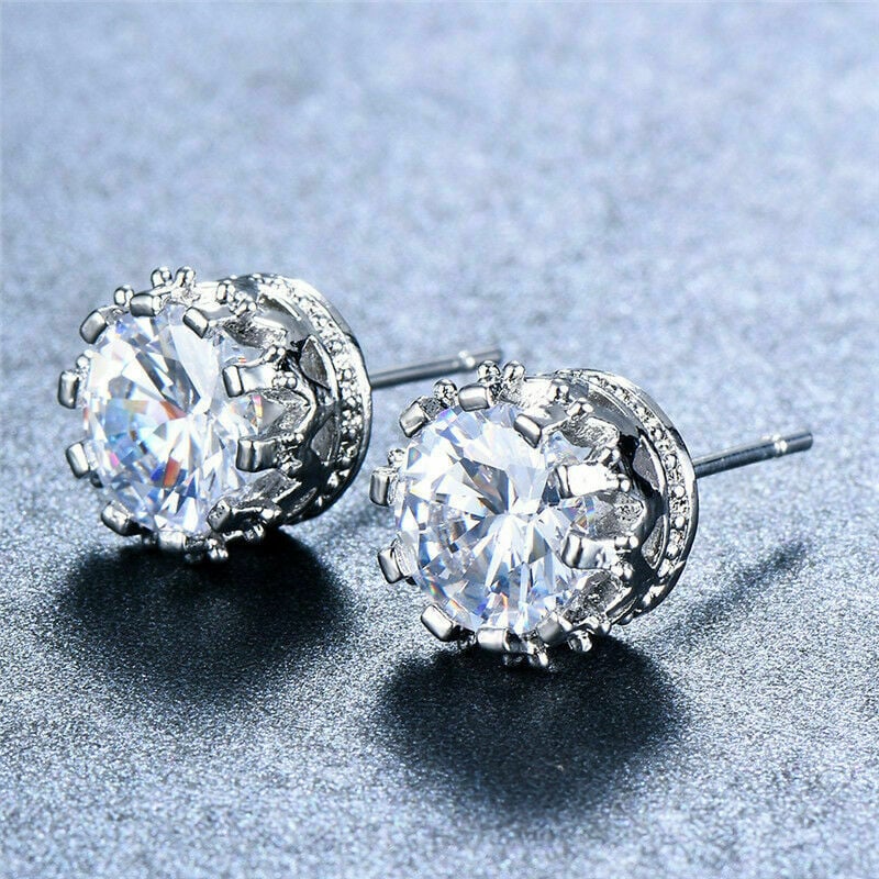 Royal Crown Sterling Silver Round-Cut 1.5 Cts AAA Cubic Zirconia Stud Earrings Image 1