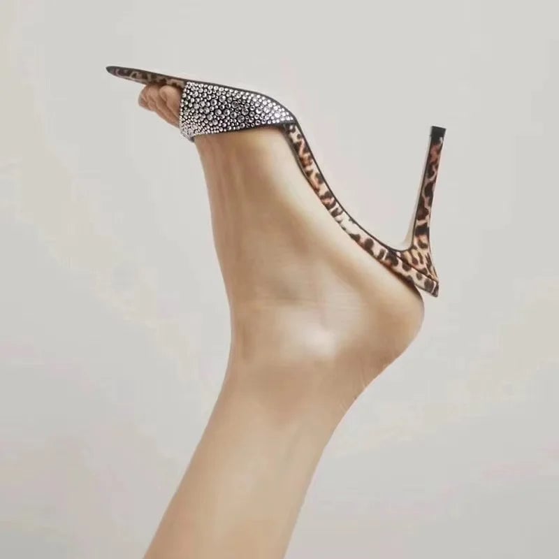 Leopard Crystals Stiletto Heels Slippers Pointed Toe Rhinestones Summer Outside Womens Slippers 2024 Newest Luxury Party Image 3