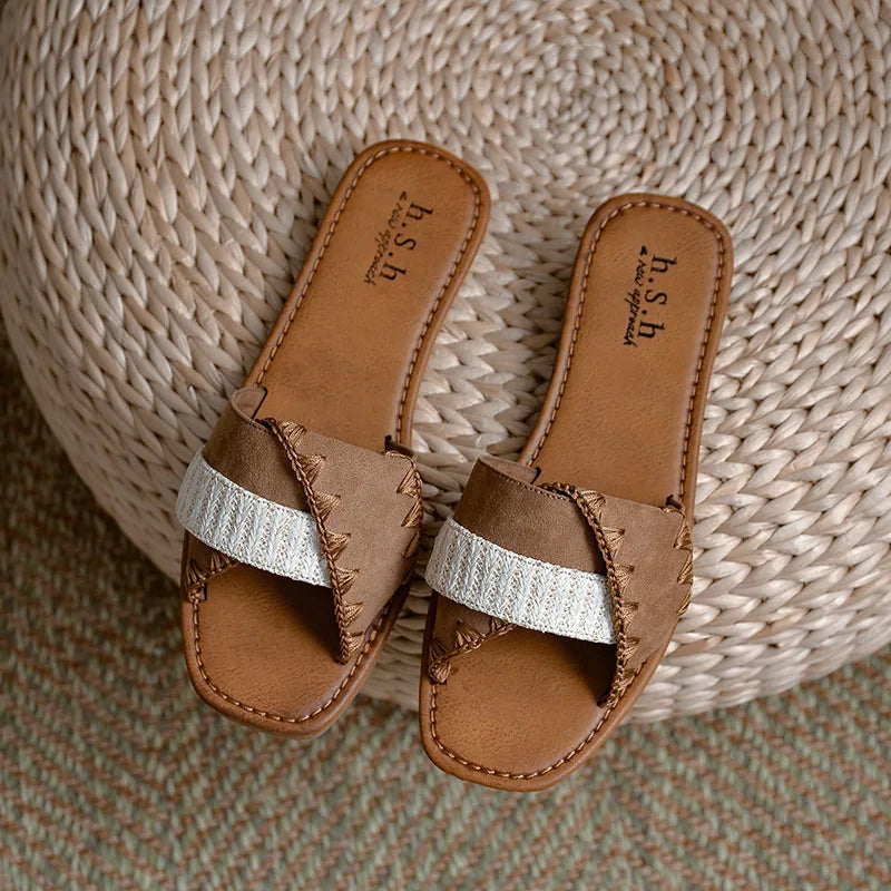 Slippers Women Summer 2023 Retro Designer Luxury Sandals Flat Casual Square Toe Outdoor Beach Slipper Pantuflas De Image 2