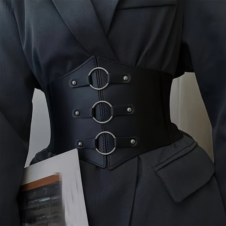 Gothic style three button belt black rivet decoration elastic waistband punk jacket dress belt for women Image 1