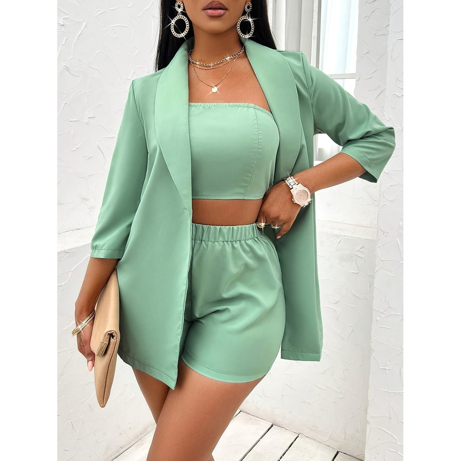 Elegant Solid Color Three-piece Set Open Front Outerwear and Crop Tube Top and Elastic Waist Shorts Outfits Womens Image 1