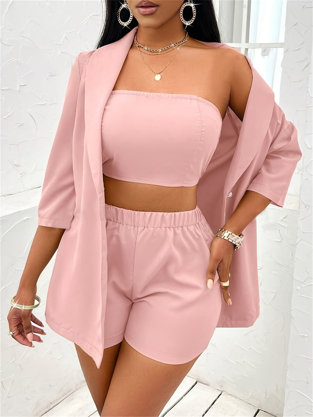 Elegant Solid Color Three-piece Set Open Front Outerwear and Crop Tube Top and Elastic Waist Shorts Outfits Womens Image 2