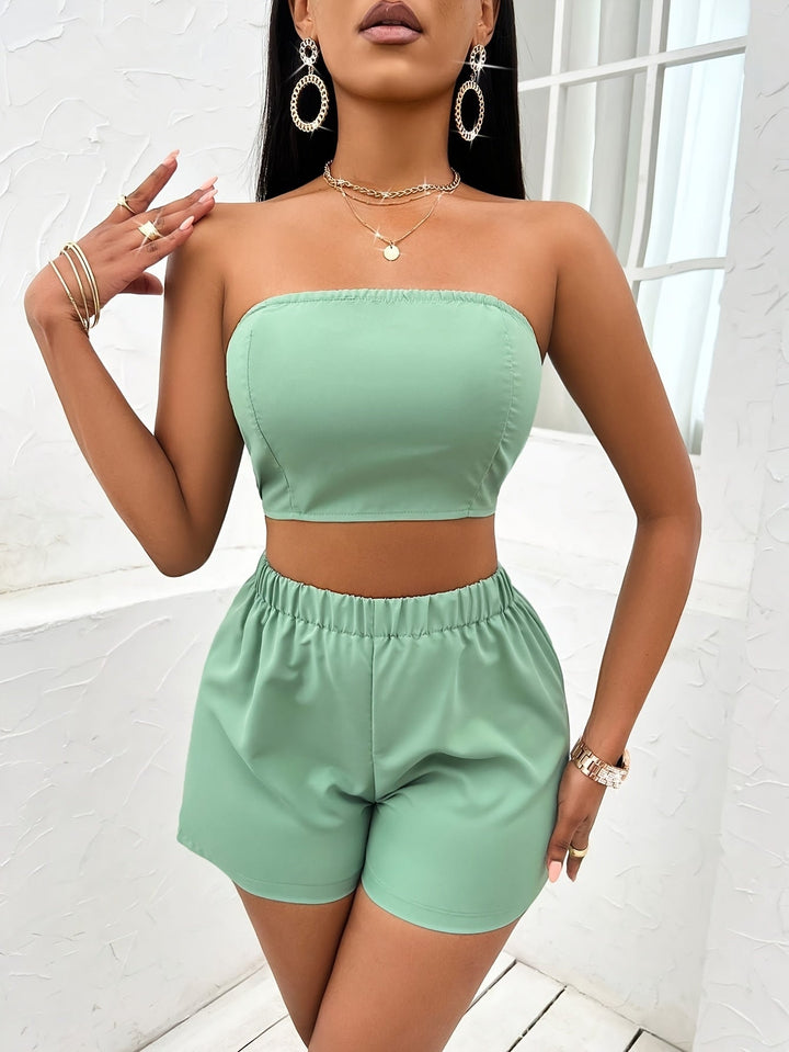 Elegant Solid Color Three-piece Set Open Front Outerwear and Crop Tube Top and Elastic Waist Shorts Outfits Womens Image 4