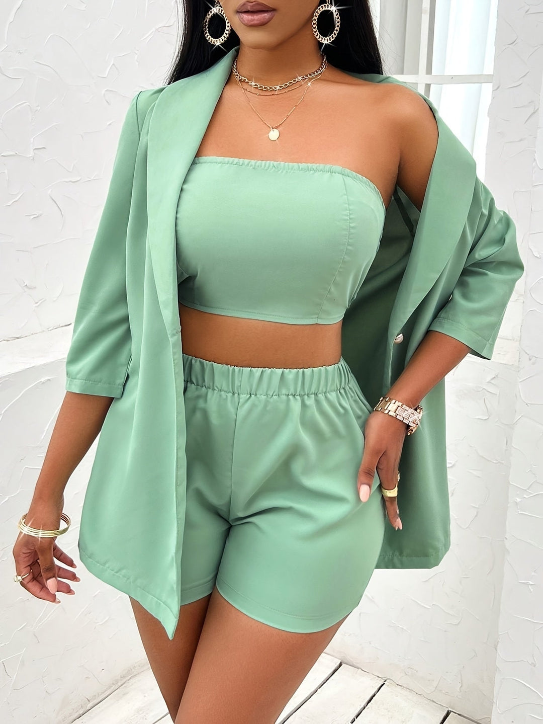 Elegant Solid Color Three-piece Set Open Front Outerwear and Crop Tube Top and Elastic Waist Shorts Outfits Womens Image 7