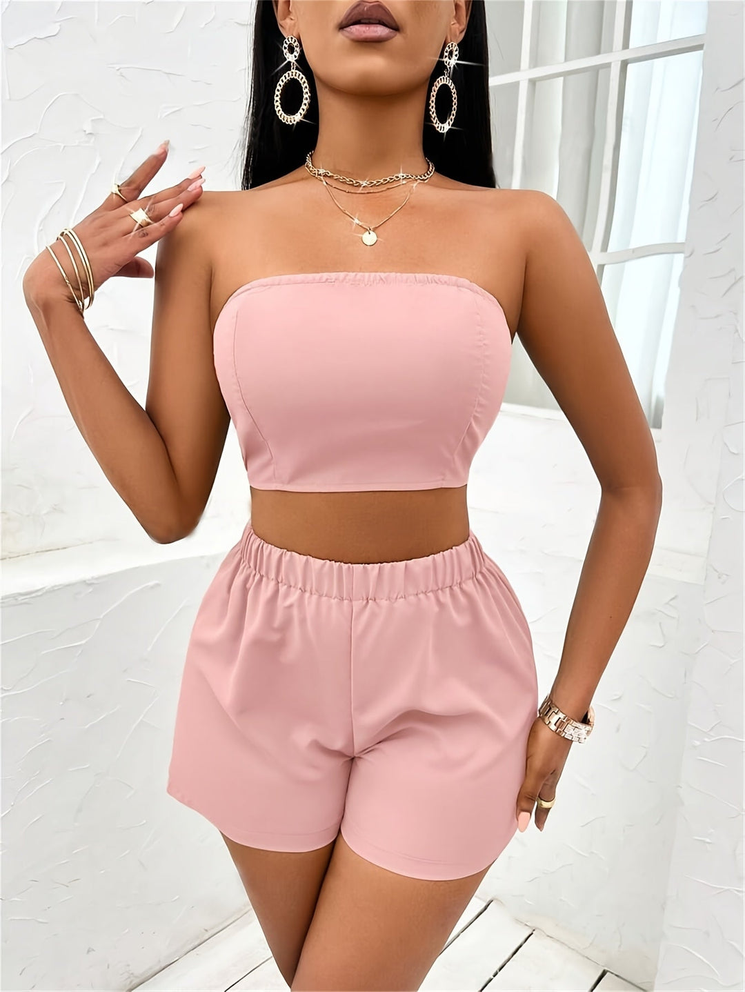 Elegant Solid Color Three-piece Set Open Front Outerwear and Crop Tube Top and Elastic Waist Shorts Outfits Womens Image 8