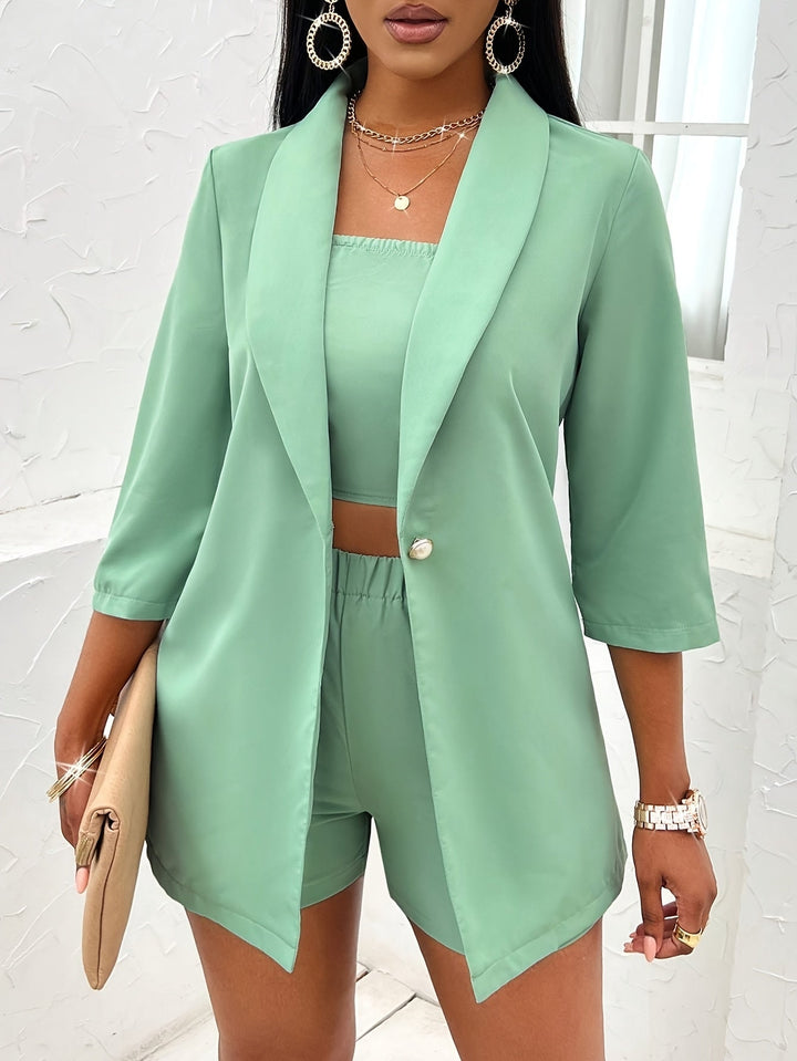 Elegant Solid Color Three-piece Set Open Front Outerwear and Crop Tube Top and Elastic Waist Shorts Outfits Womens Image 9