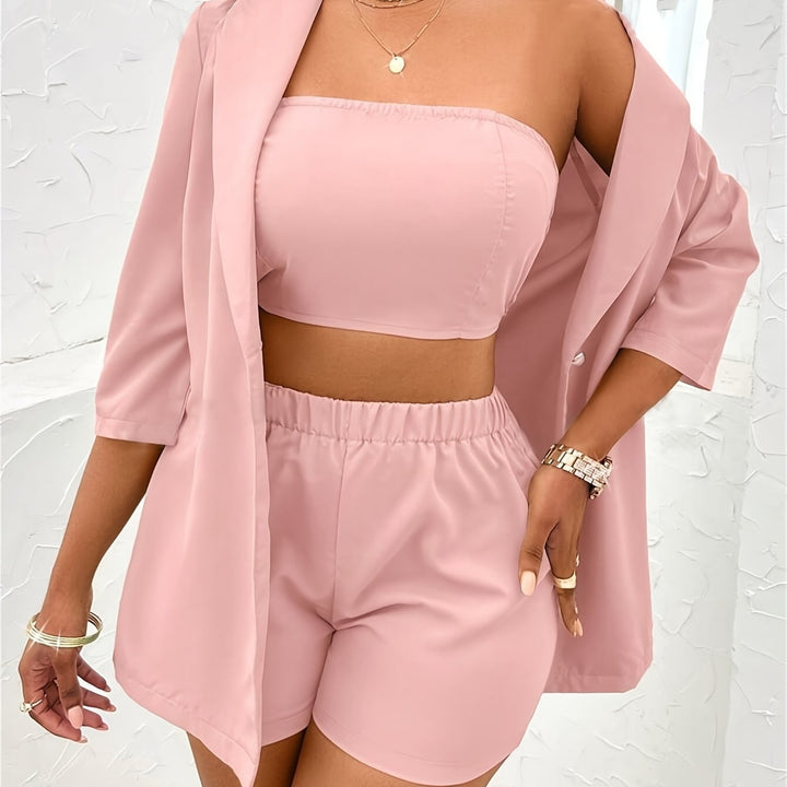 Elegant Solid Color Three-piece Set Open Front Outerwear and Crop Tube Top and Elastic Waist Shorts Outfits Womens Image 11