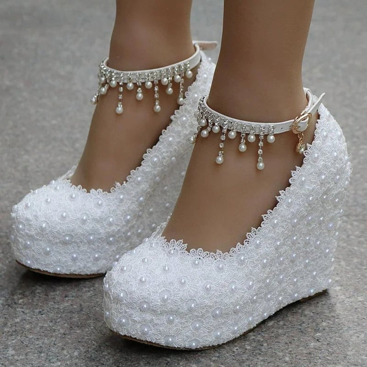 Crystal Queen White Wedges Wedding Pumps Sweet White Flower Lace Pearl Platform Pump Shoes Classic Bride Dress High Image 1