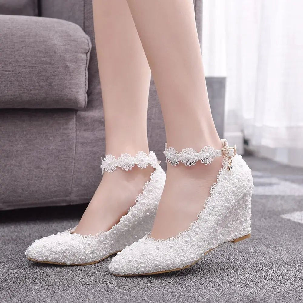 Crystal Queen White Wedges Wedding Pumps Sweet White Flower Lace Pearl Platform Pump Shoes Classic Bride Dress High Image 2