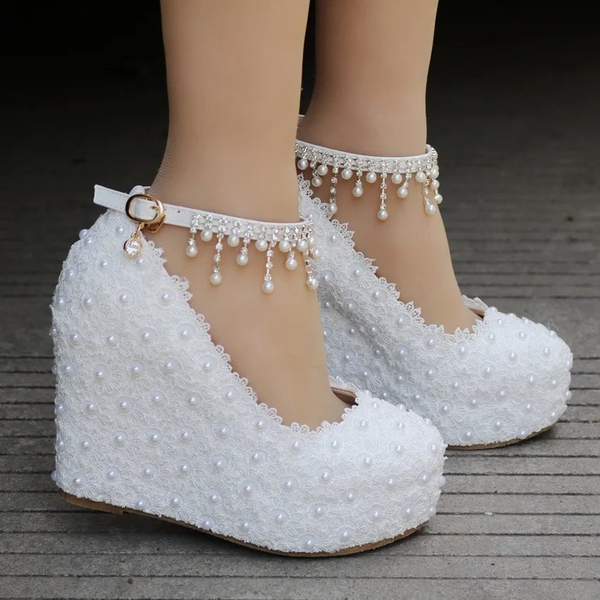 Crystal Queen White Wedges Wedding Pumps Sweet White Flower Lace Pearl Platform Pump Shoes Classic Bride Dress High Image 4