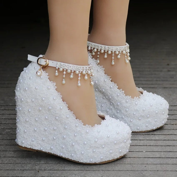 Crystal Queen White Wedges Wedding Pumps Sweet White Flower Lace Pearl Platform Pump Shoes Classic Bride Dress High Image 1