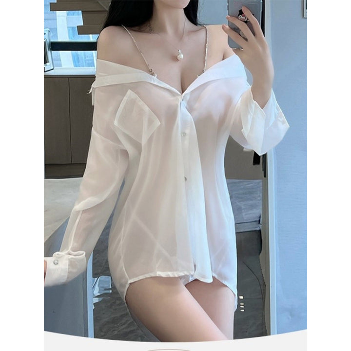 1pc Womens Sheer Lace Pure White Translucent Camisole Shirt - Long Sleeve Button Chain Shirt - Womens Sexy Nightgown and Image 4