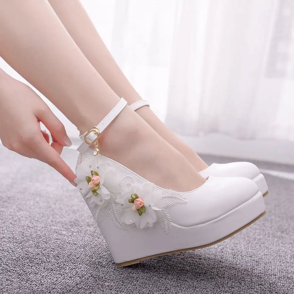 Crystal Queen White Wedges Wedding Pumps Sweet White Flower Lace Pearl Platform Pump Shoes Classic Bride Dress High Image 7