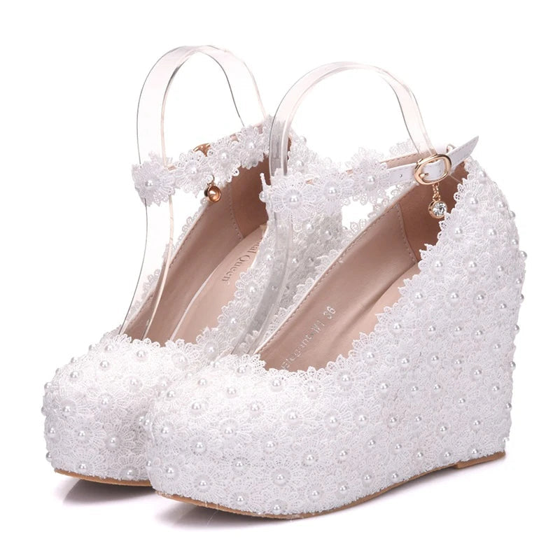 Crystal Queen White Wedges Wedding Pumps Sweet White Flower Lace Pearl Platform Pump Shoes Classic Bride Dress High Image 9