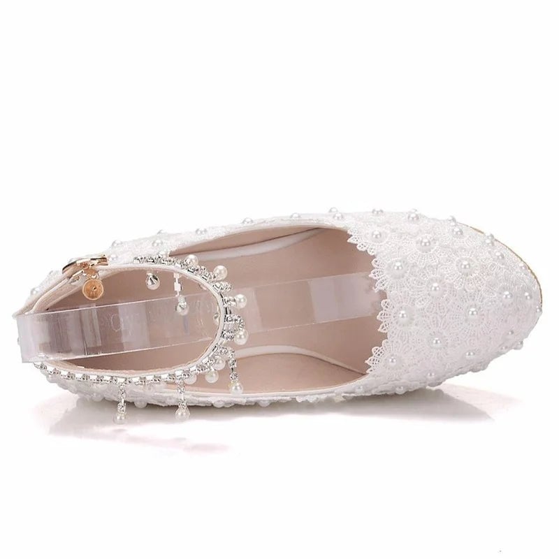 Crystal Queen White Wedges Wedding Pumps Sweet White Flower Lace Pearl Platform Pump Shoes Classic Bride Dress High Image 10