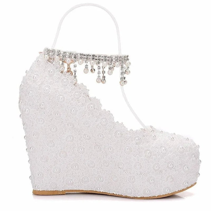 Crystal Queen White Wedges Wedding Pumps Sweet White Flower Lace Pearl Platform Pump Shoes Classic Bride Dress High Image 12