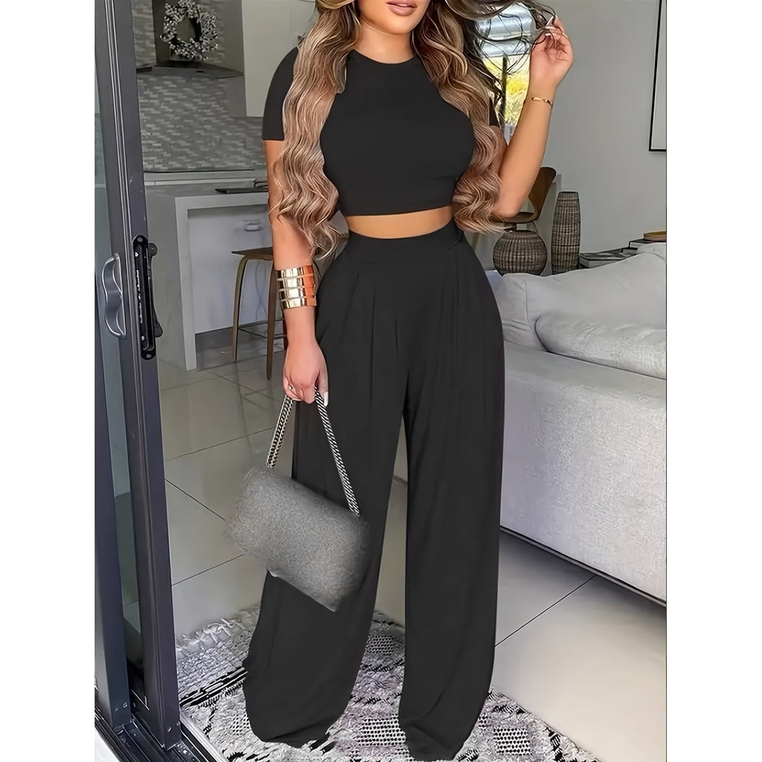 2 Pack Solid Color Sporty 2 Piece Crop Short Sleeve Slim T-shirt and Loose Elastic Waist Pants Womens Clothing Image 3