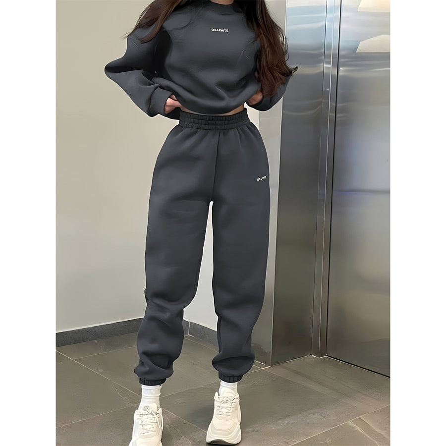 2pcs Casual Sports Set Letter Pattern Warm Crew Neck Sweatshirt and Running Jogger Pants Suit Womens Activewear Image 1