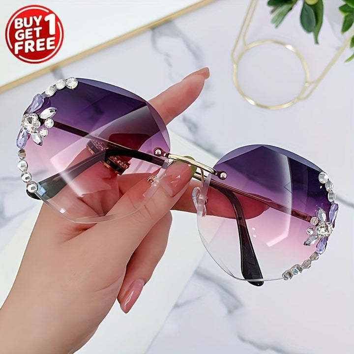 2pcs Frameless Cut Edge Glasses Womens Fashion Glasses Shiny Rhinestone Sunshade Glasses Image 1