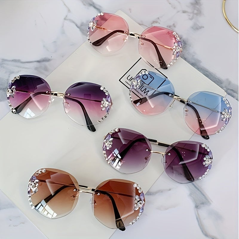 2pcs Frameless Cut Edge Glasses Womens Fashion Glasses Shiny Rhinestone Sunshade Glasses Image 2