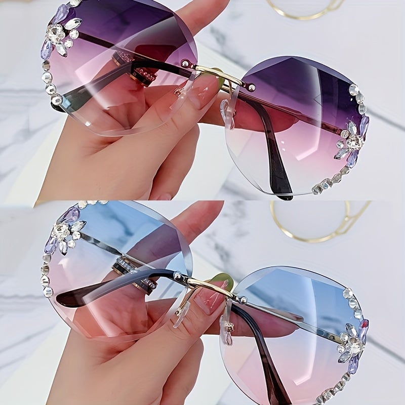 2pcs Frameless Cut Edge Glasses Womens Fashion Glasses Shiny Rhinestone Sunshade Glasses Image 3