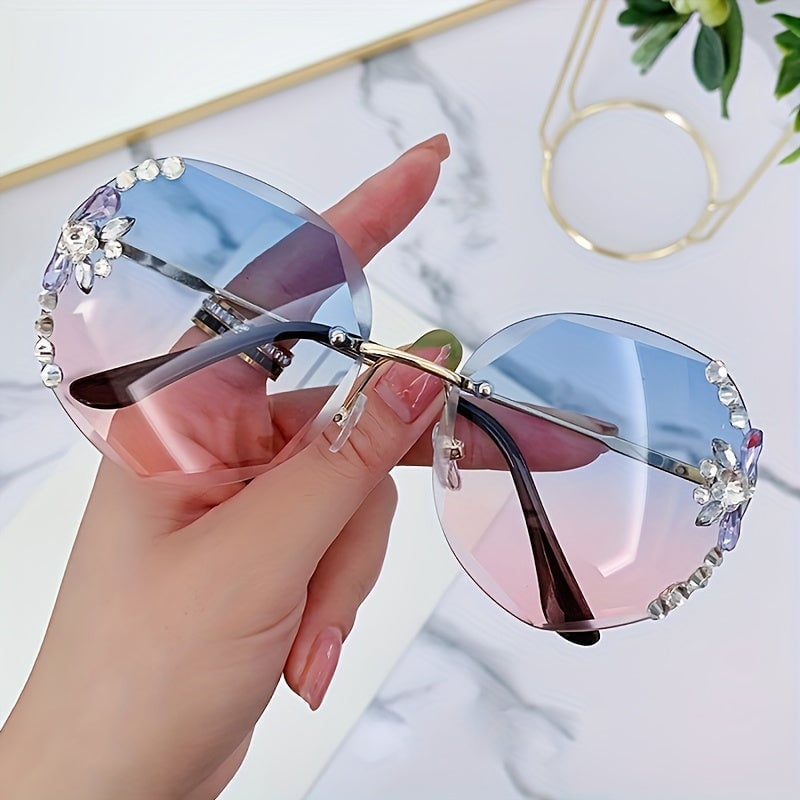 2pcs Frameless Cut Edge Glasses Womens Fashion Glasses Shiny Rhinestone Sunshade Glasses Image 4