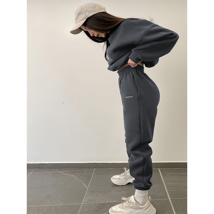 2pcs Casual Sports Set Letter Pattern Warm Crew Neck Sweatshirt and Running Jogger Pants Suit Womens Activewear Image 10